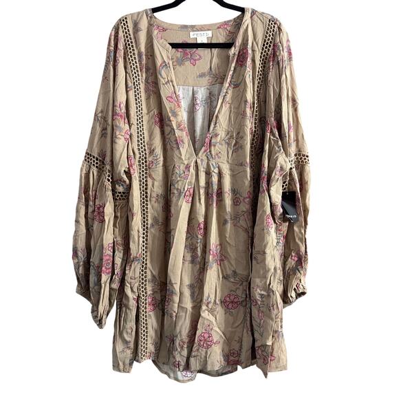 Festi Torrid Womens Plus Size Gauze Long Sleeve Tunic Taupe Floral Size 4 4X New - Picture 2 of 6